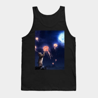 Novelty Cat and Flying Jellyfish Surrealism Art Tank Top